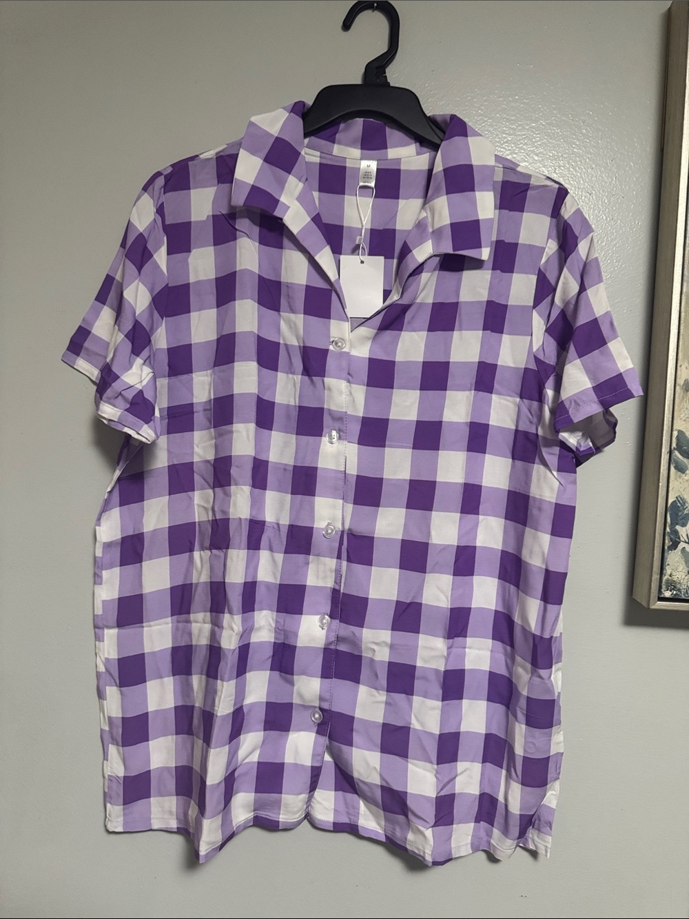 Button-Front Purple and White Check Short-Sleeve Blouse